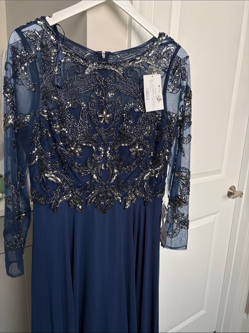 Xscape Navy Blue Long Sleeve Beaded Evening Gown